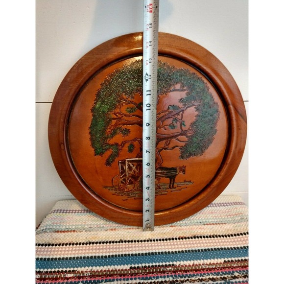 Vintage Tooled Leather Wall Hanging Picture Round Wood Handmade cottage hippie - Picture 3 of 10